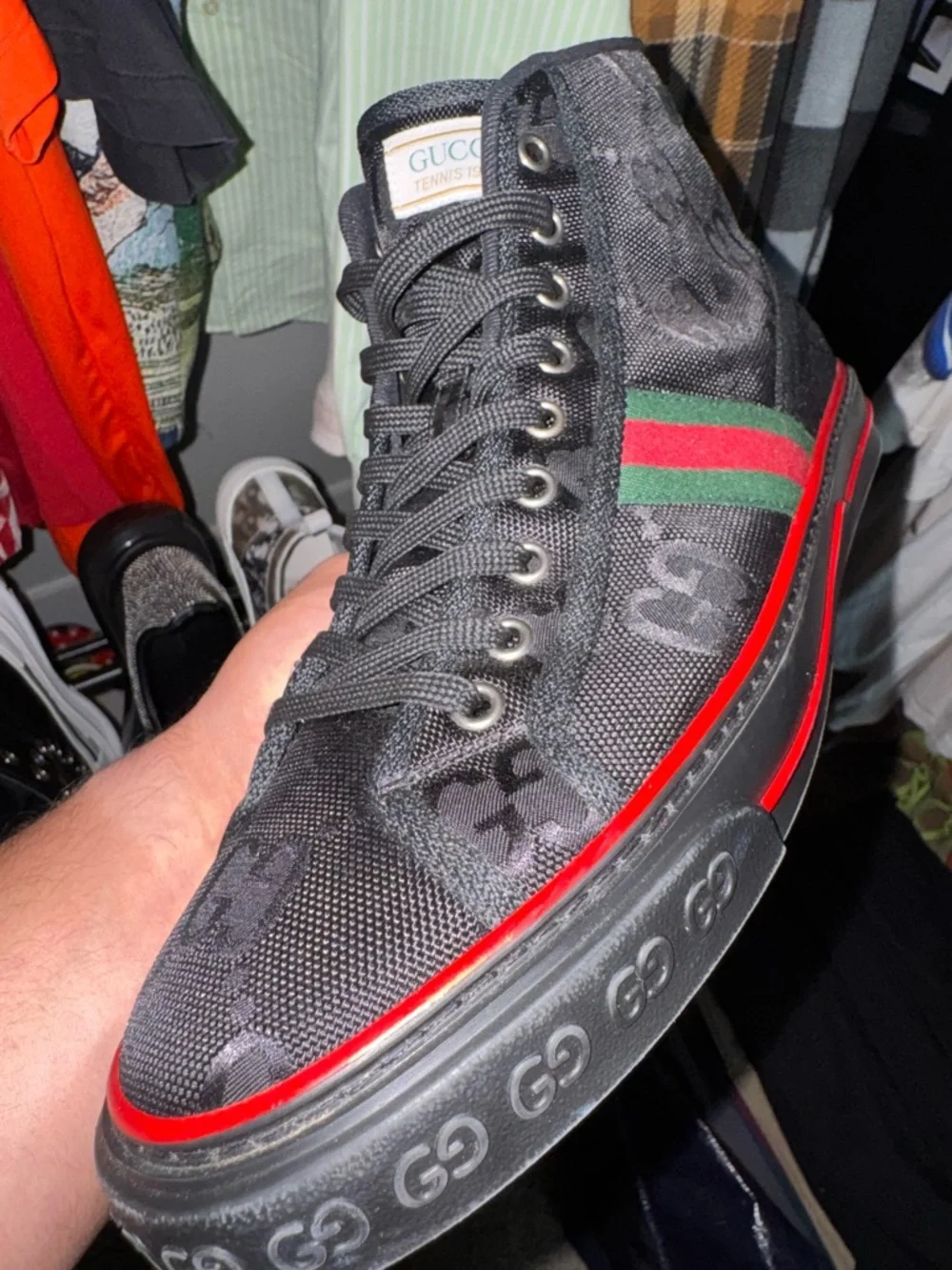 Gucci Black High-Top Sneakers with Red & Green Web Stripe - Picture 2 of 3